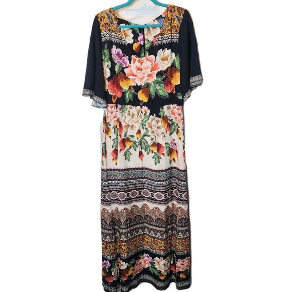 FARM Rio Anthropologie Maxi Dress Large Floral Boho Flare Sleeve Esmeralda Black - Picture 2 of 13